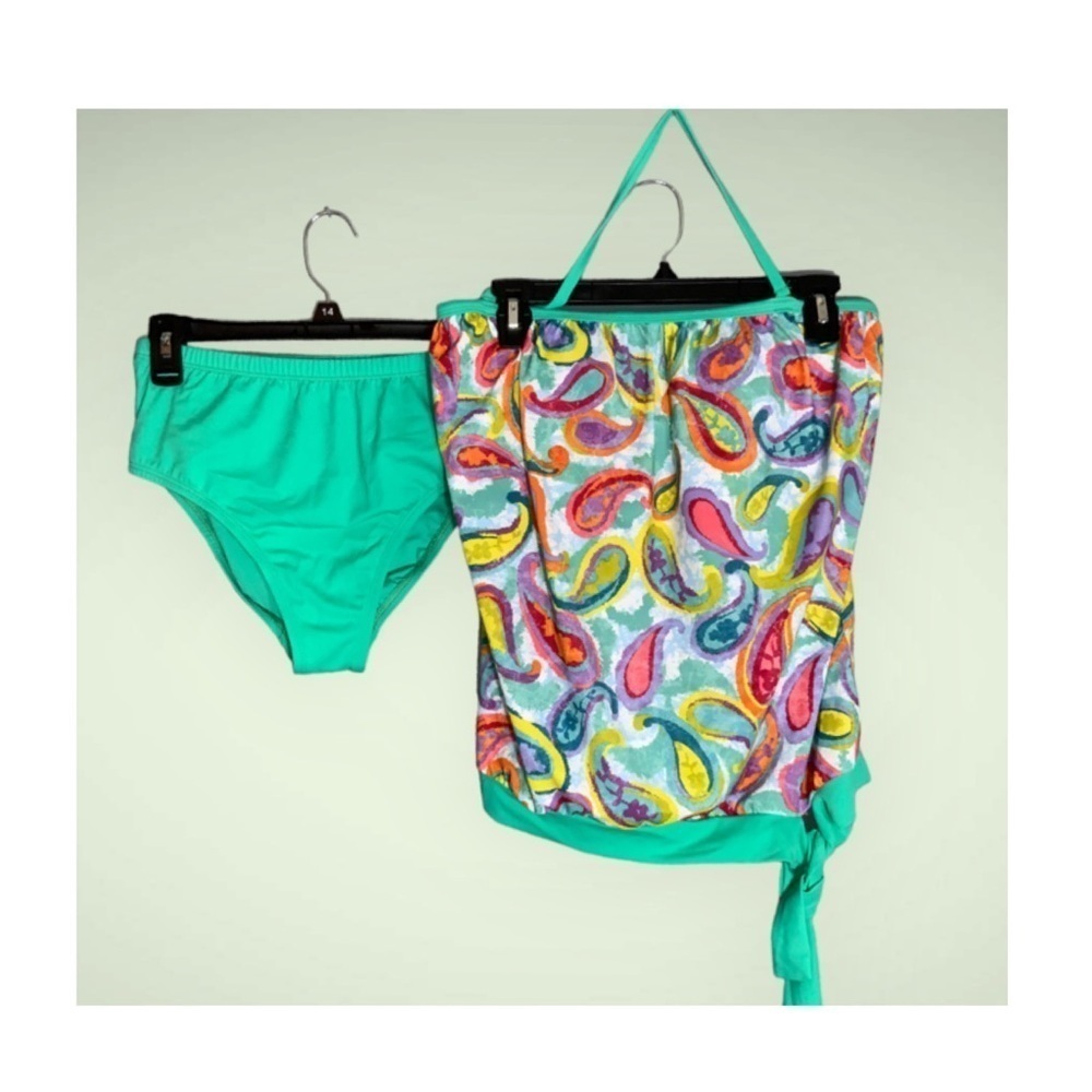 Dippin Daisy Teal Multicolor Paisley Tankini Bandeau & High Waist Bottoms Size 8 - Picture 2 of 10